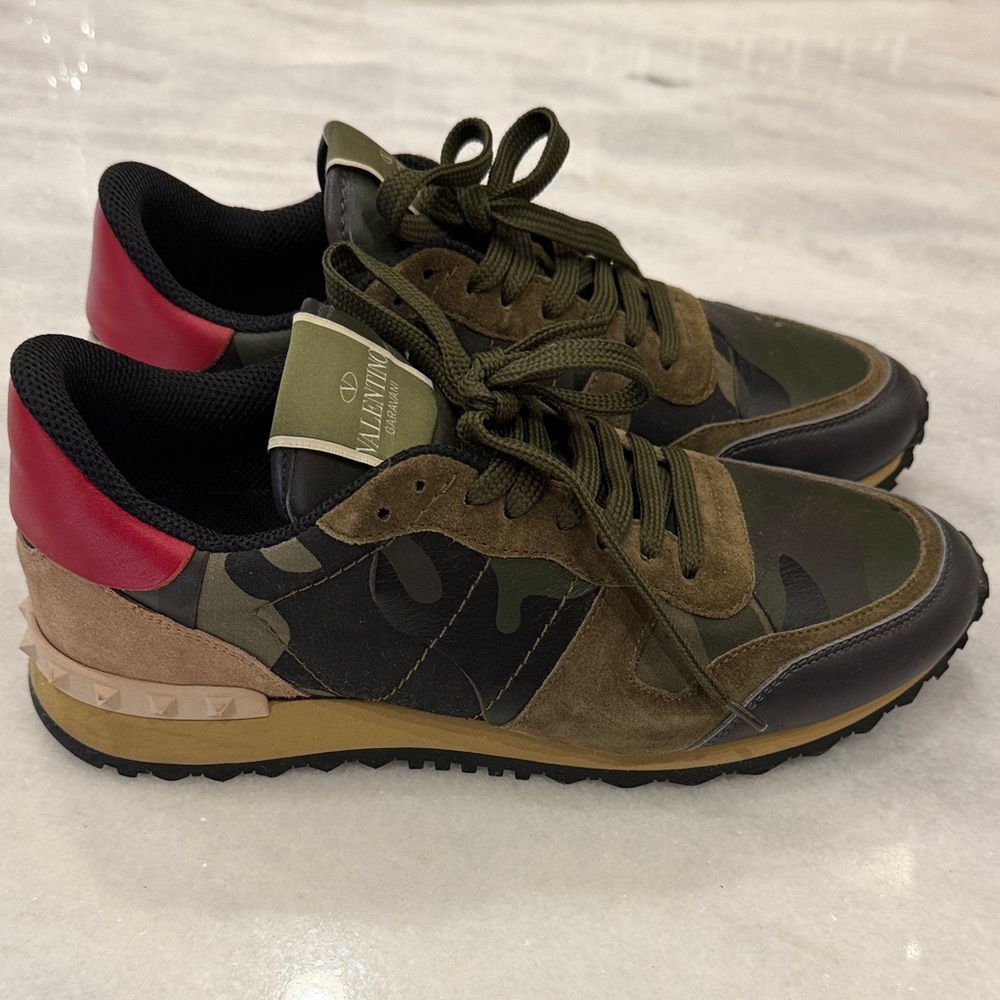 Valentino women’s Camouflage Sneakers - Green, Black, and Red. Size 41
